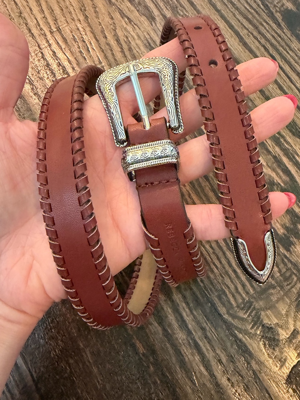 Rebecca Minkoff Brown Leather Western-Stitched Belt with Silver Buckle